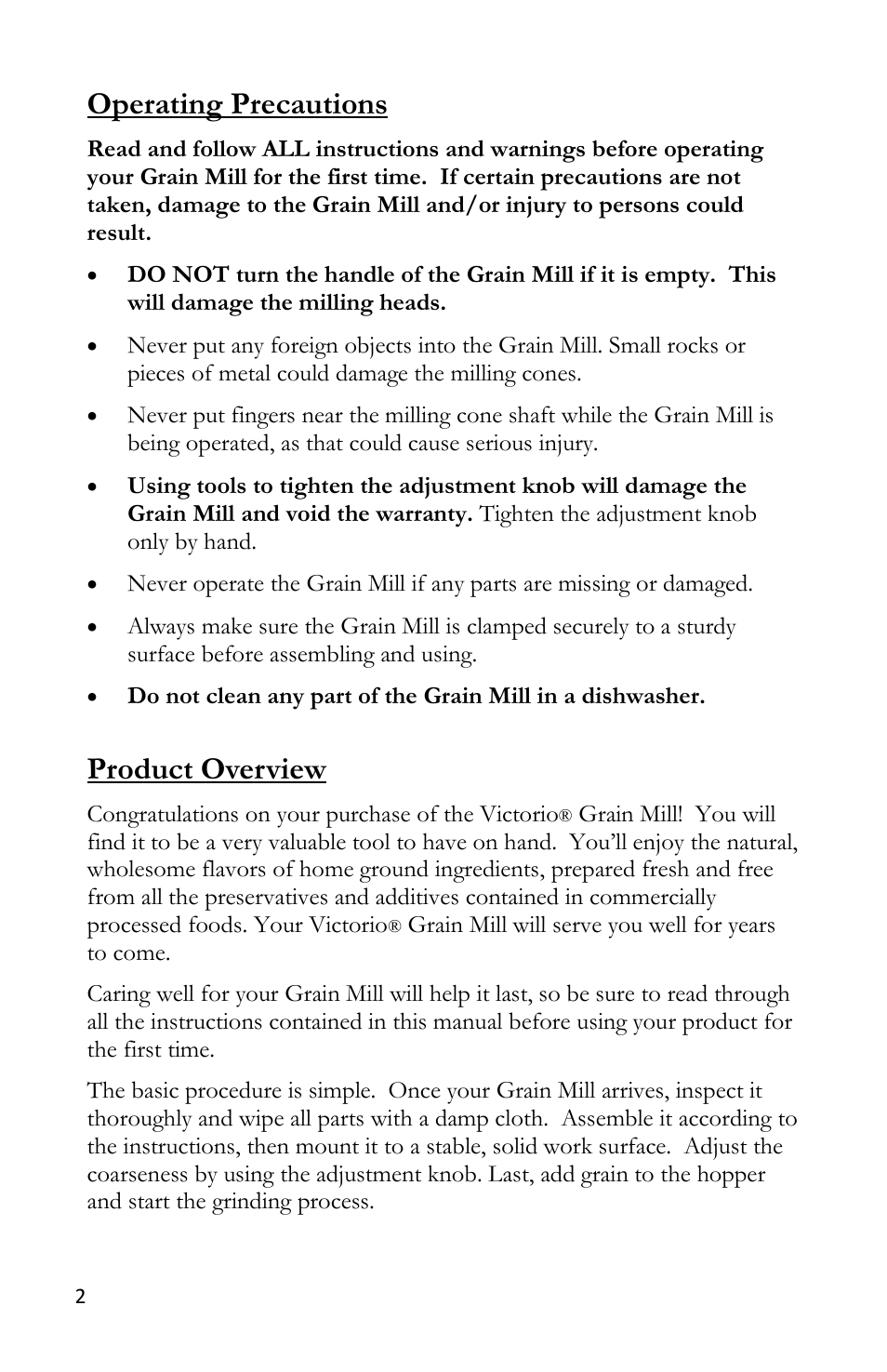 Operating precautions, Product overview | Victorio VKP1012 Grain Mill User Manual | Page 4 / 12