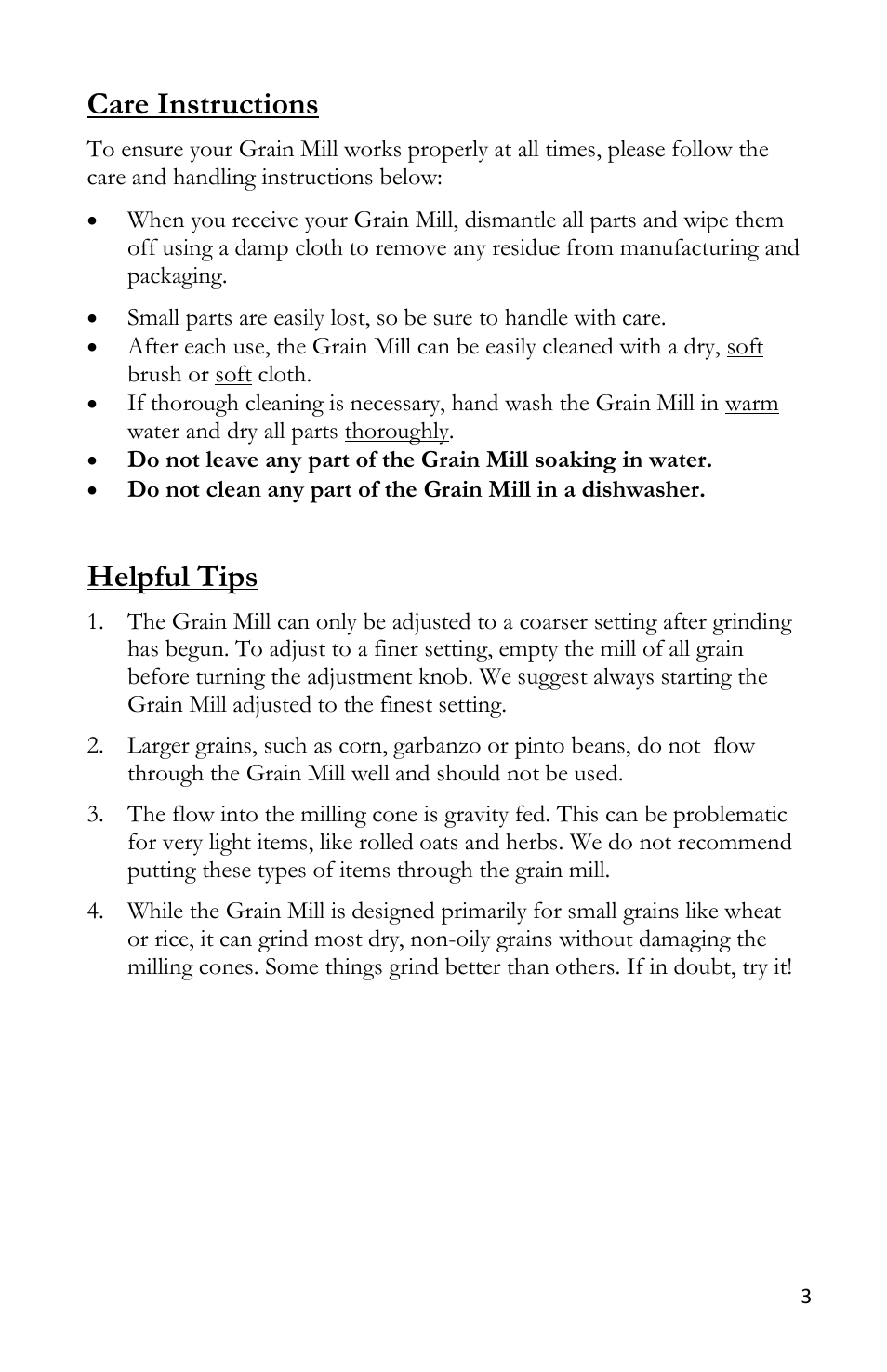 Care instructions, Helpful tips | Victorio VKP1012 Grain Mill User Manual | Page 5 / 12