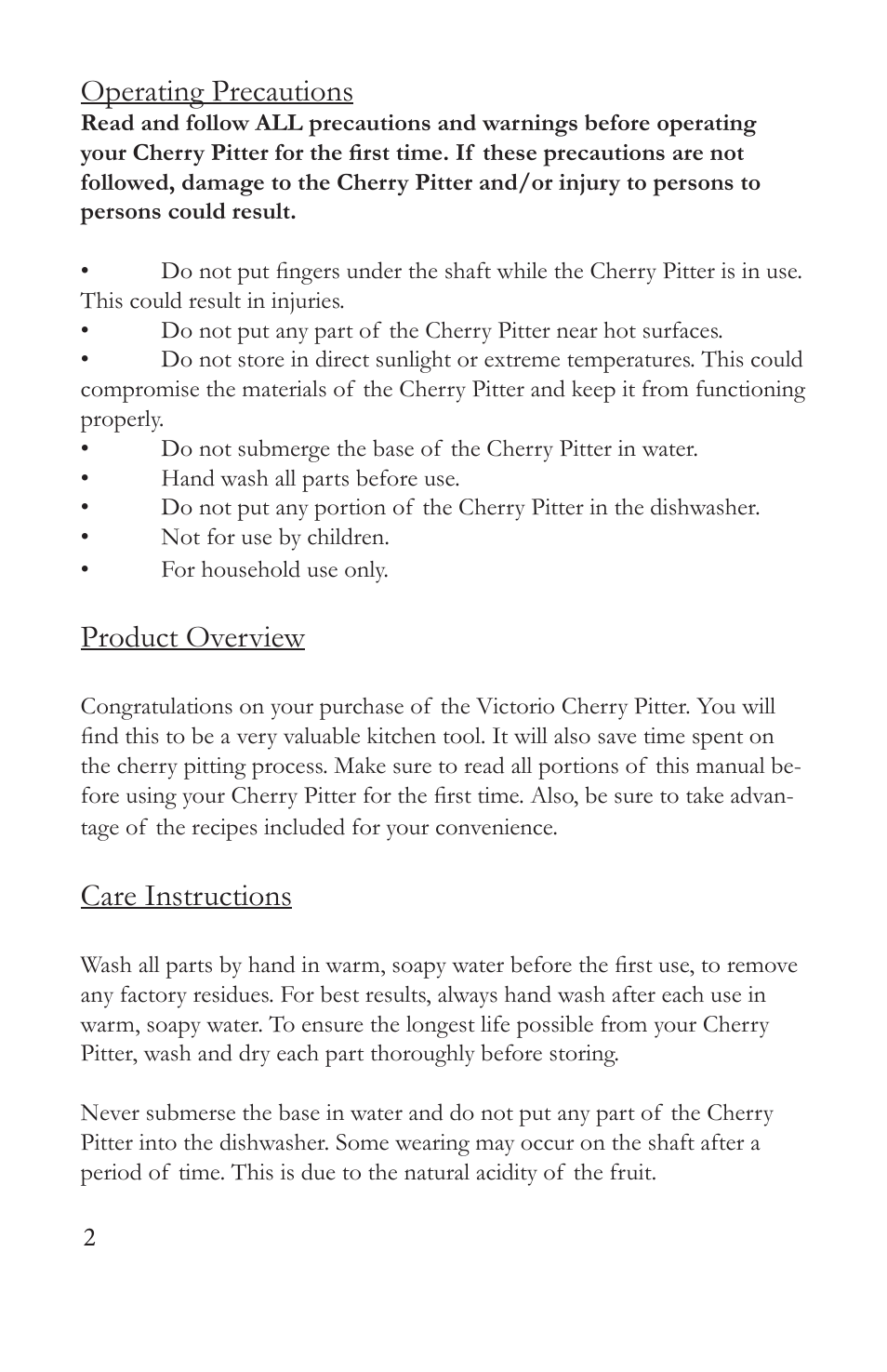 Operating precautions, Product overview, Care instructions | Victorio VKP1152 Cherry Stoner User Manual | Page 4 / 8
