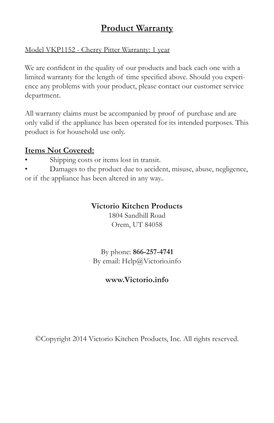 Product warranty | Victorio VKP1152 Cherry Stoner User Manual | Page 8 / 8