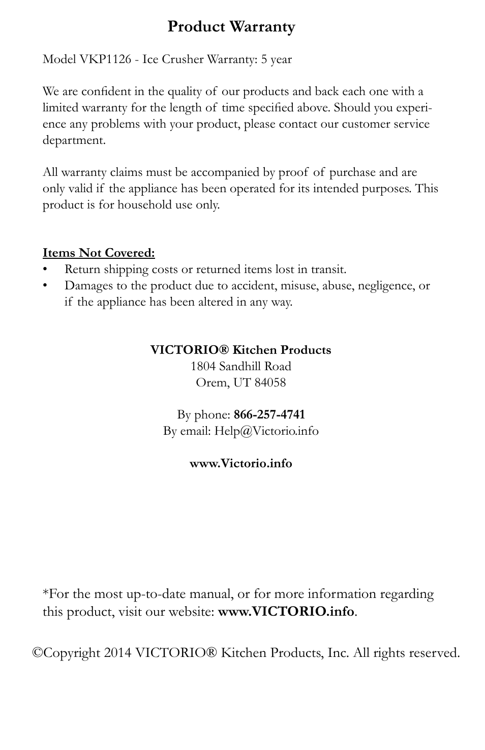 Product warranty | Victorio VKP1126 Ice Crusher User Manual | Page 4 / 4