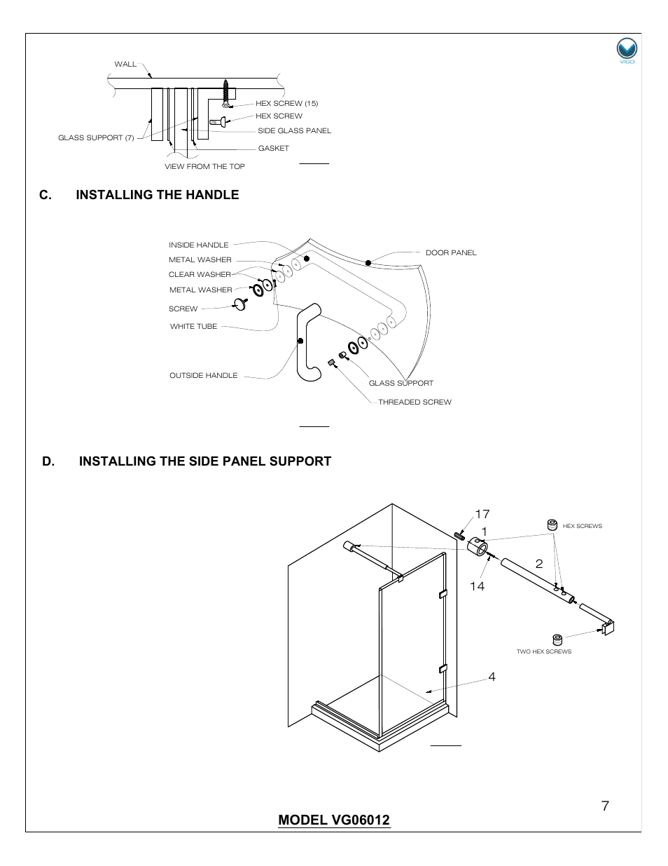 D. installing the side panel support | Vigo VG06012 User Manual | Page 7 / 12