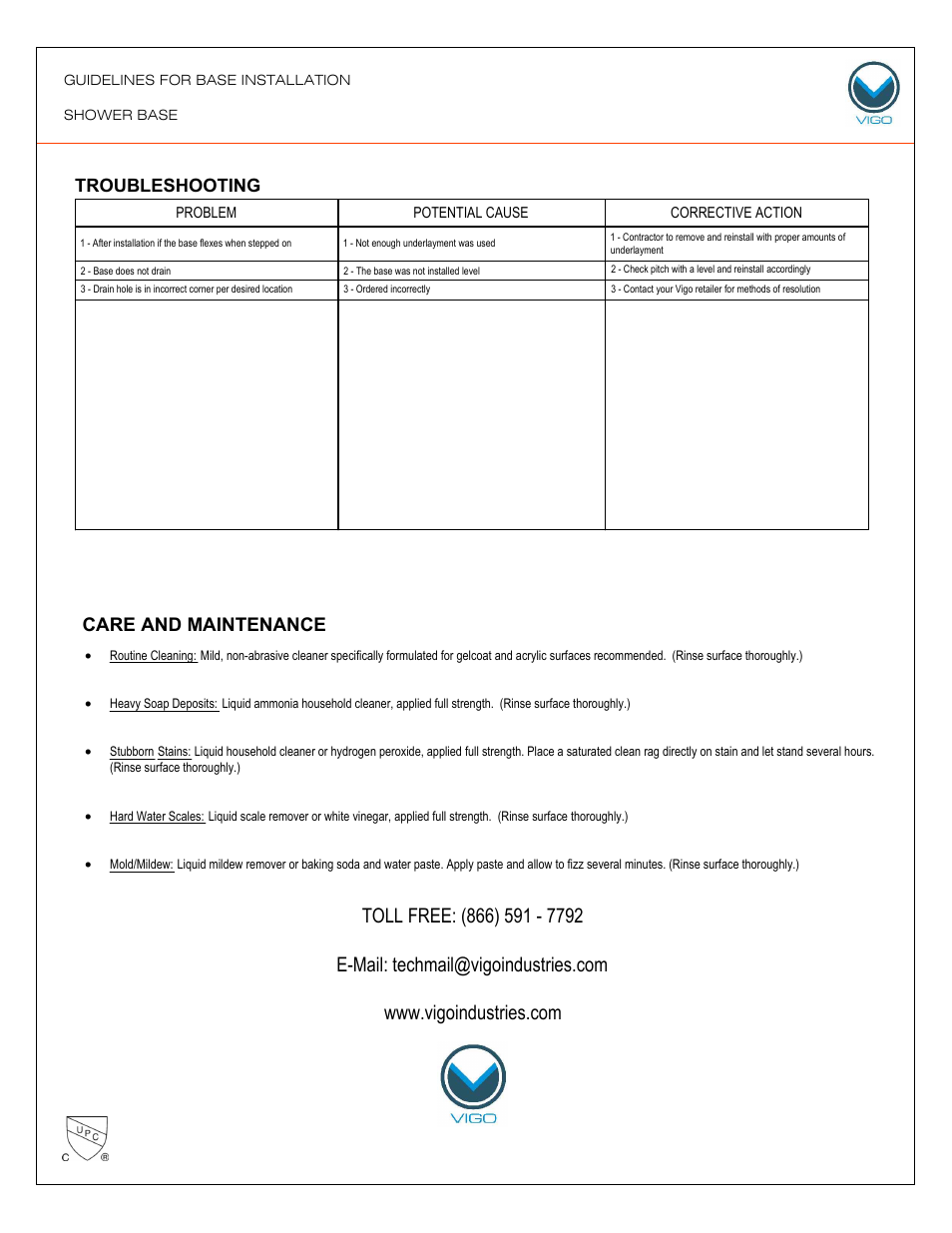 Care and maintenance 13 troubleshooting | Vigo VG06049 User Manual | Page 13 / 14