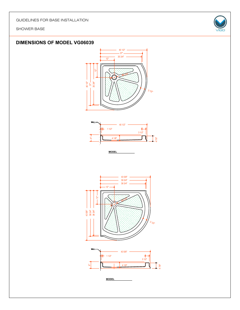 Model vg06039, Guidelines for base installation shower base | Vigo VG06049 User Manual | Page 5 / 14