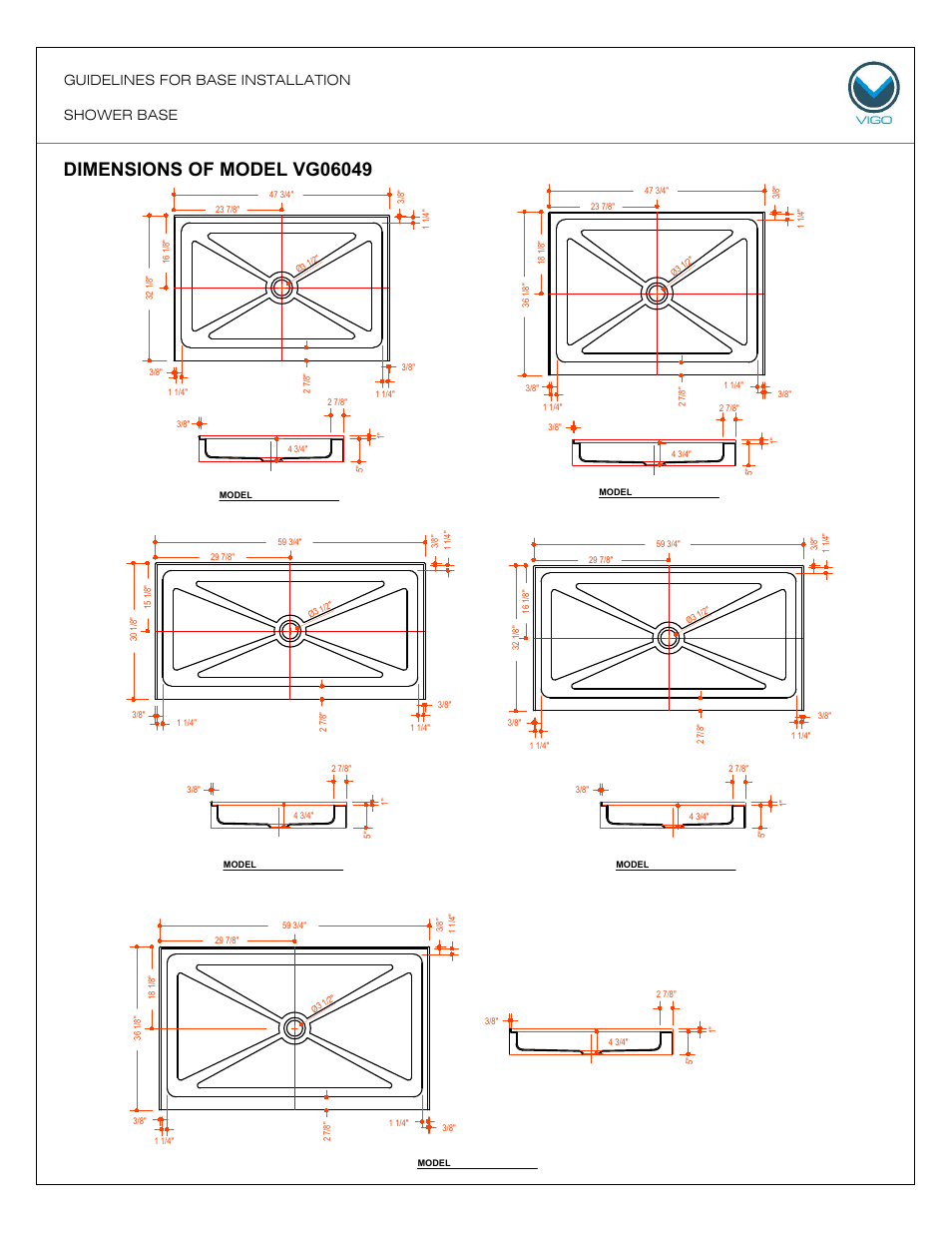 Model vg06049, Guidelines for base installation shower base | Vigo VG06049 User Manual | Page 6 / 14