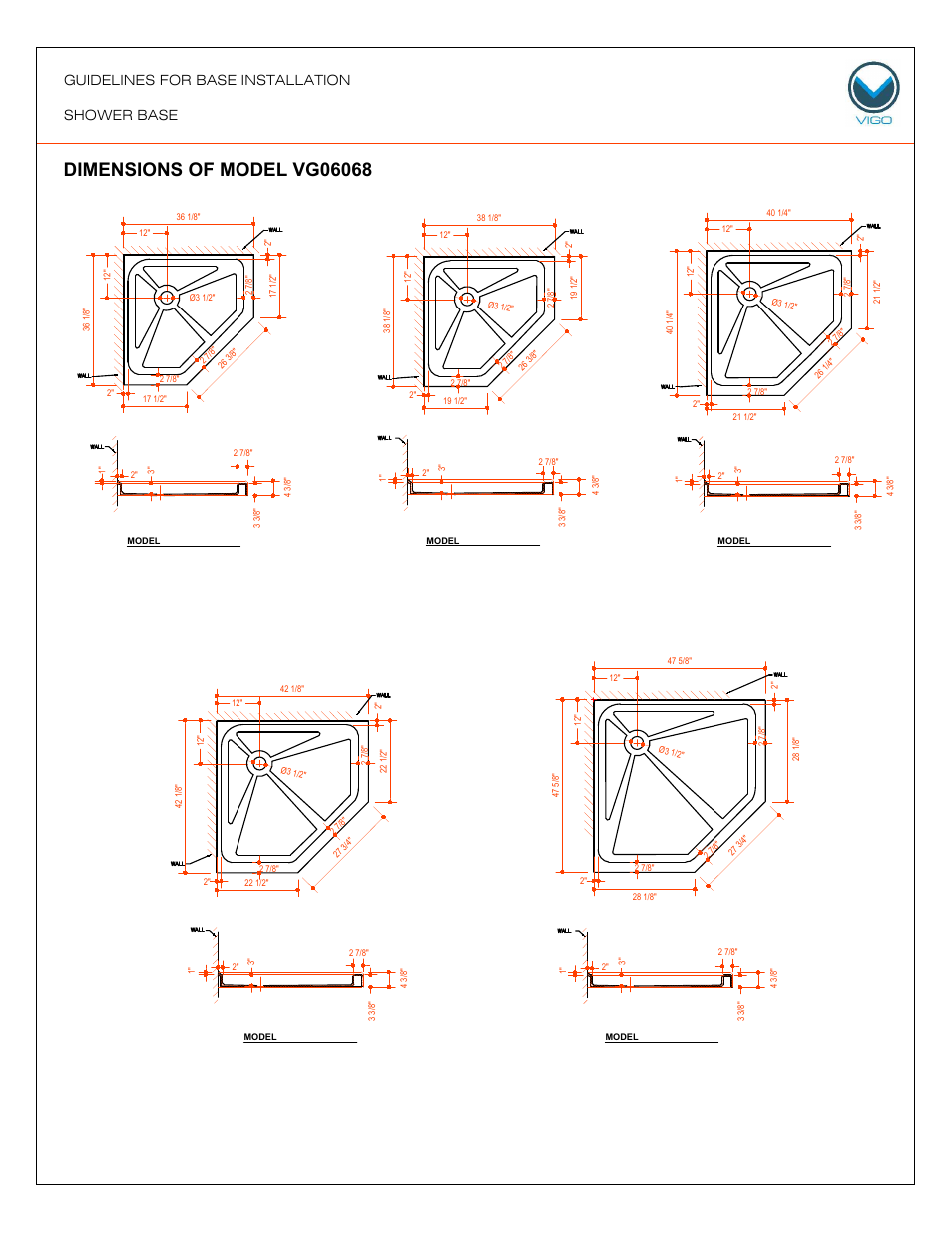 Model vg06068, Guidelines for base installation shower base | Vigo VG06049 User Manual | Page 7 / 14