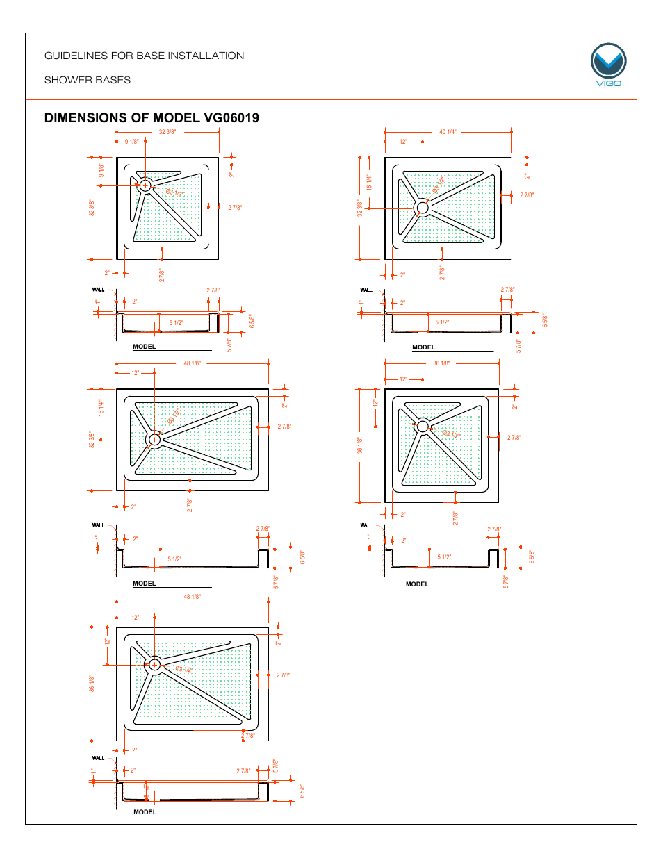 Model vg06019, Guidelines for base installation shower bases | Vigo VG06049 User Manual | Page 8 / 14