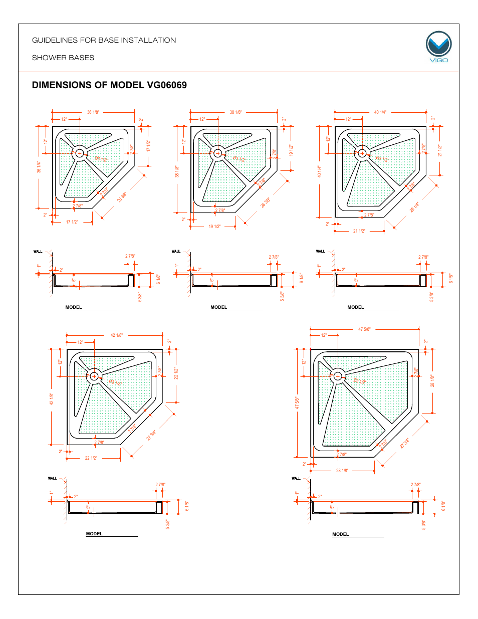 Model vg06069, Guidelines for base installation shower bases | Vigo VG06049 User Manual | Page 9 / 14