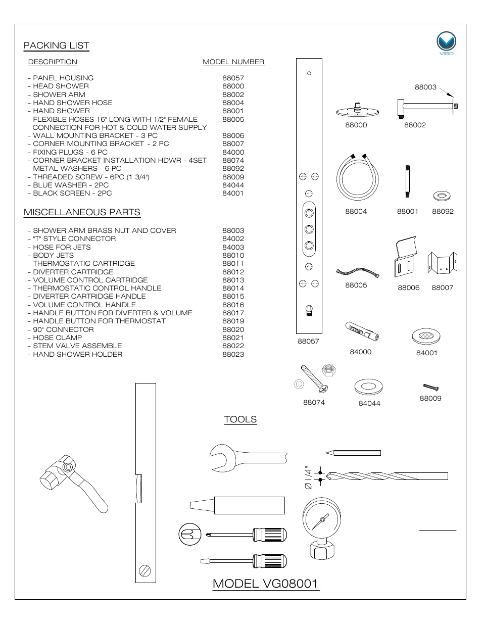 Packing list, Miscellaneous parts, Tools | Vigo VG08001 User Manual | Page 2 / 9