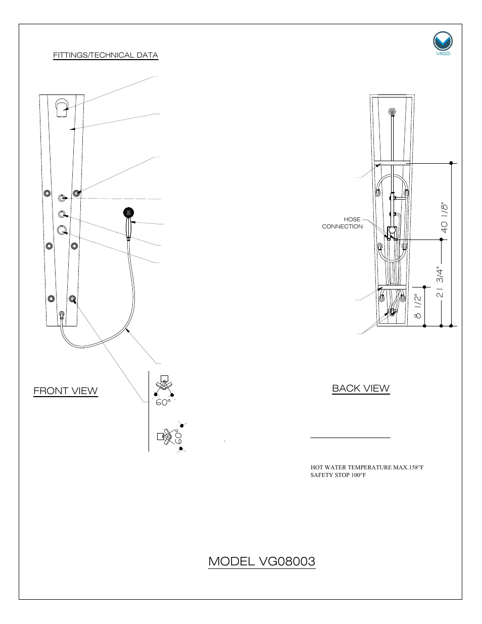 Back view front view, Technical data | Vigo VG08003 User Manual | Page 4 / 10