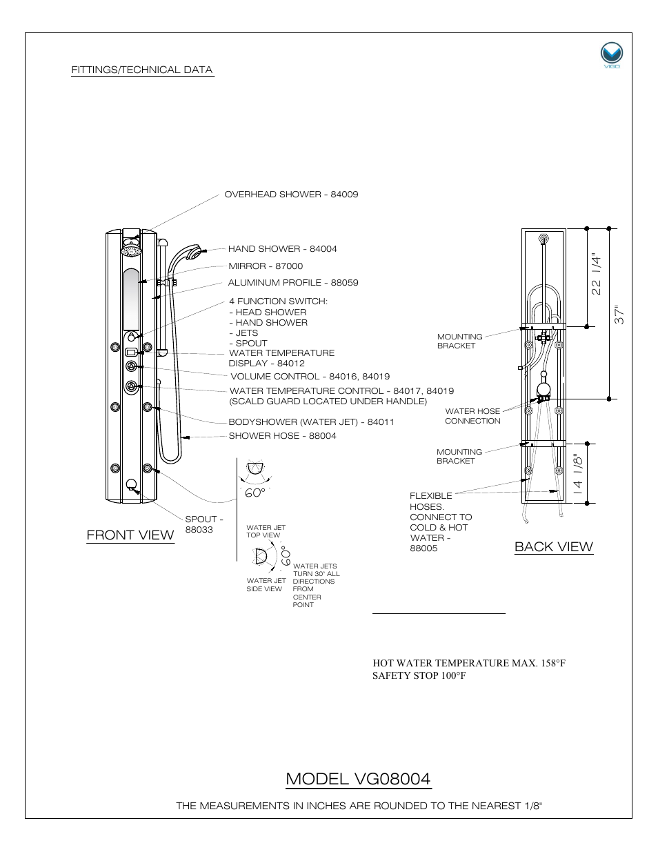 Technical data, Back view, Front view | Vigo VG08004 User Manual | Page 4 / 8