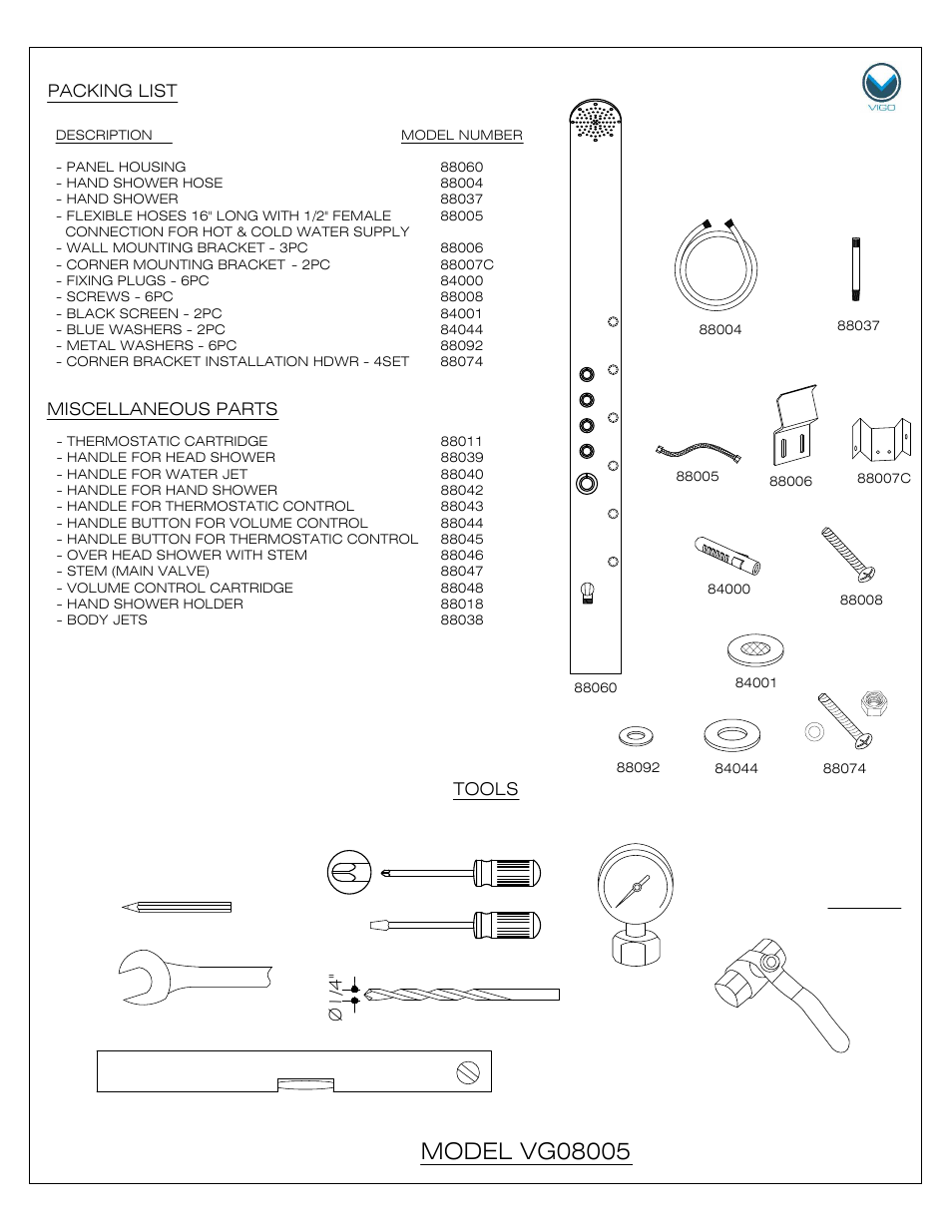 Packing list, Miscellaneous parts, Tools | Vigo VG08005 User Manual | Page 2 / 9