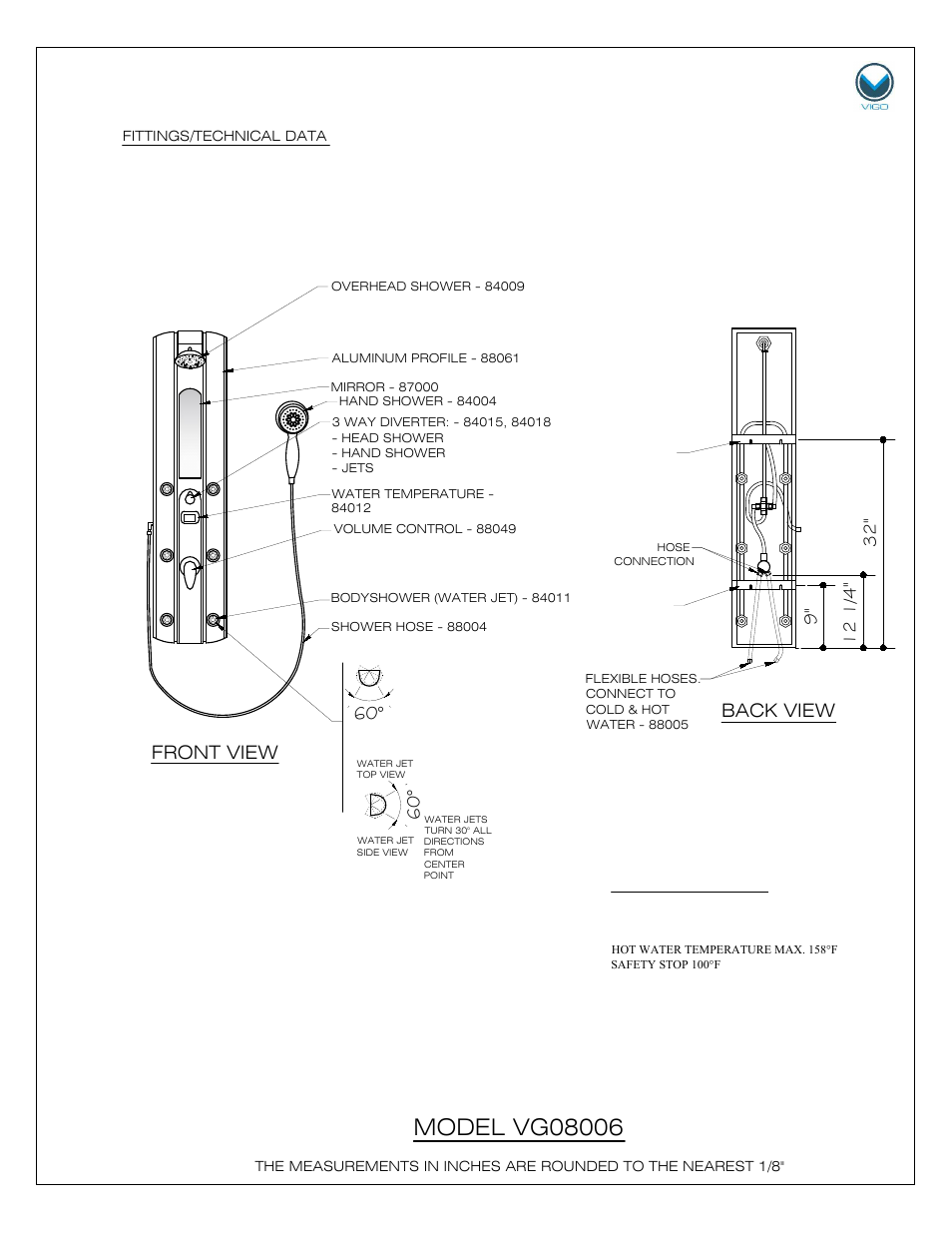 Back view, Front view, Technical data | Vigo VG08006 User Manual | Page 4 / 8