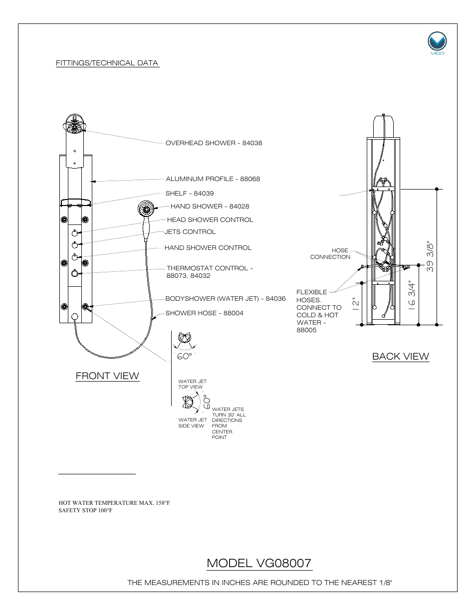 Back view, Front view, Technical data | Vigo VG08007 User Manual | Page 4 / 10