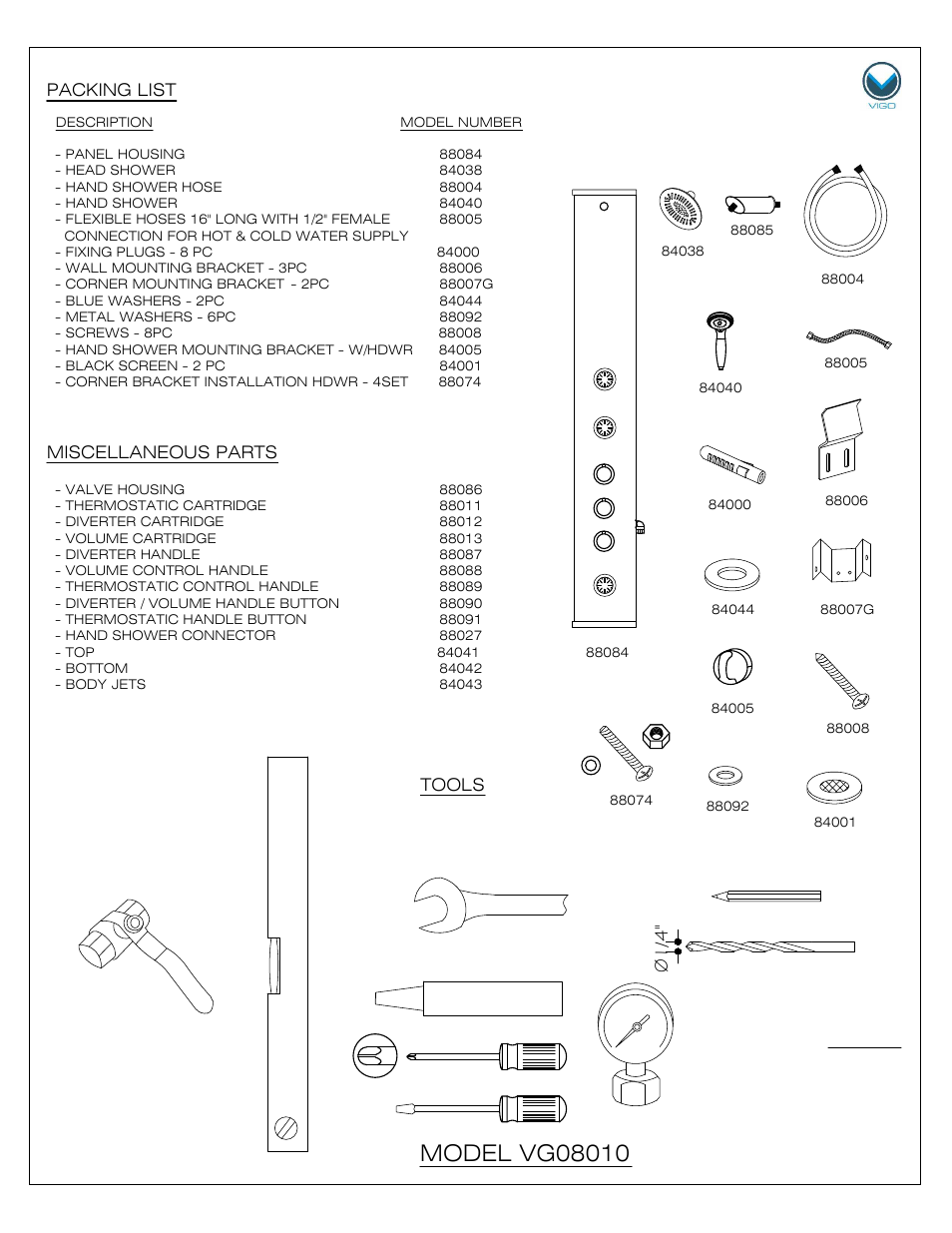 Packing list, Miscellaneous parts, Tools | Vigo VG08010 User Manual | Page 2 / 10