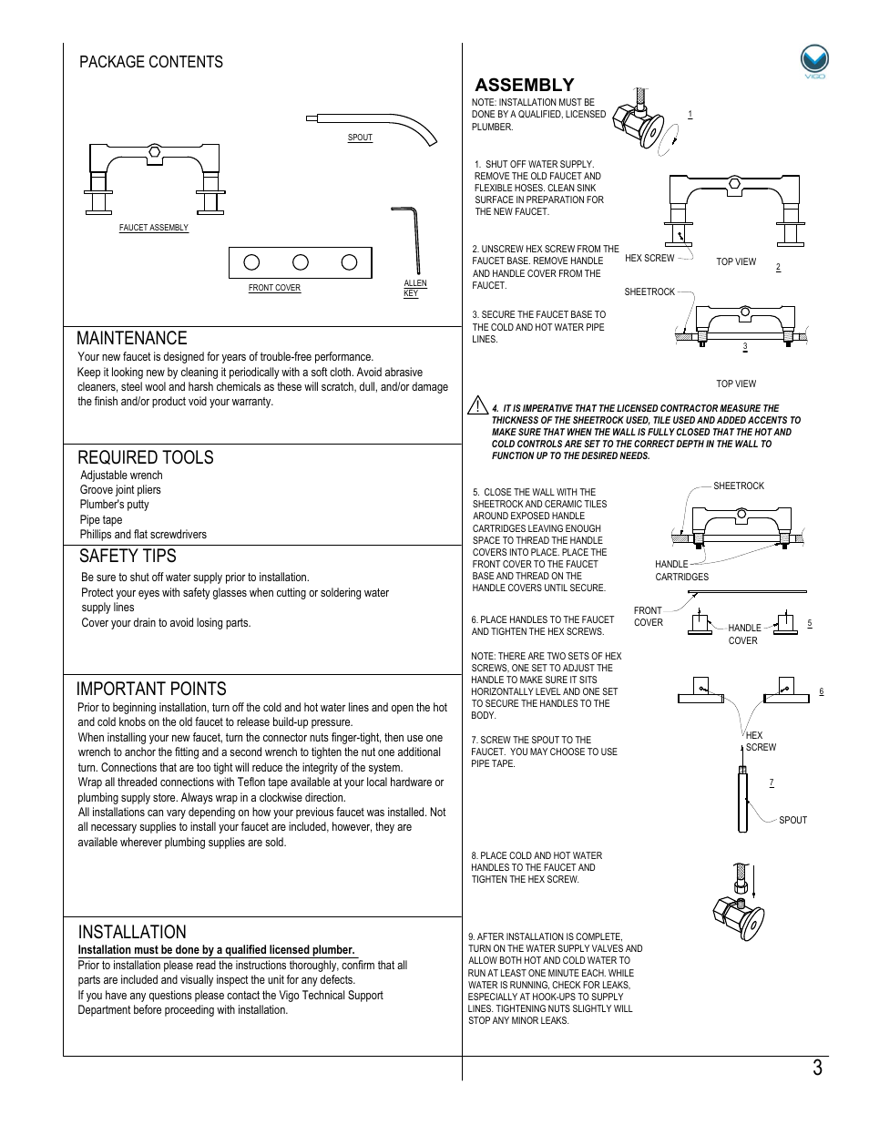 Assembly, Package contents | Vigo VG05002 User Manual | Page 3 / 5