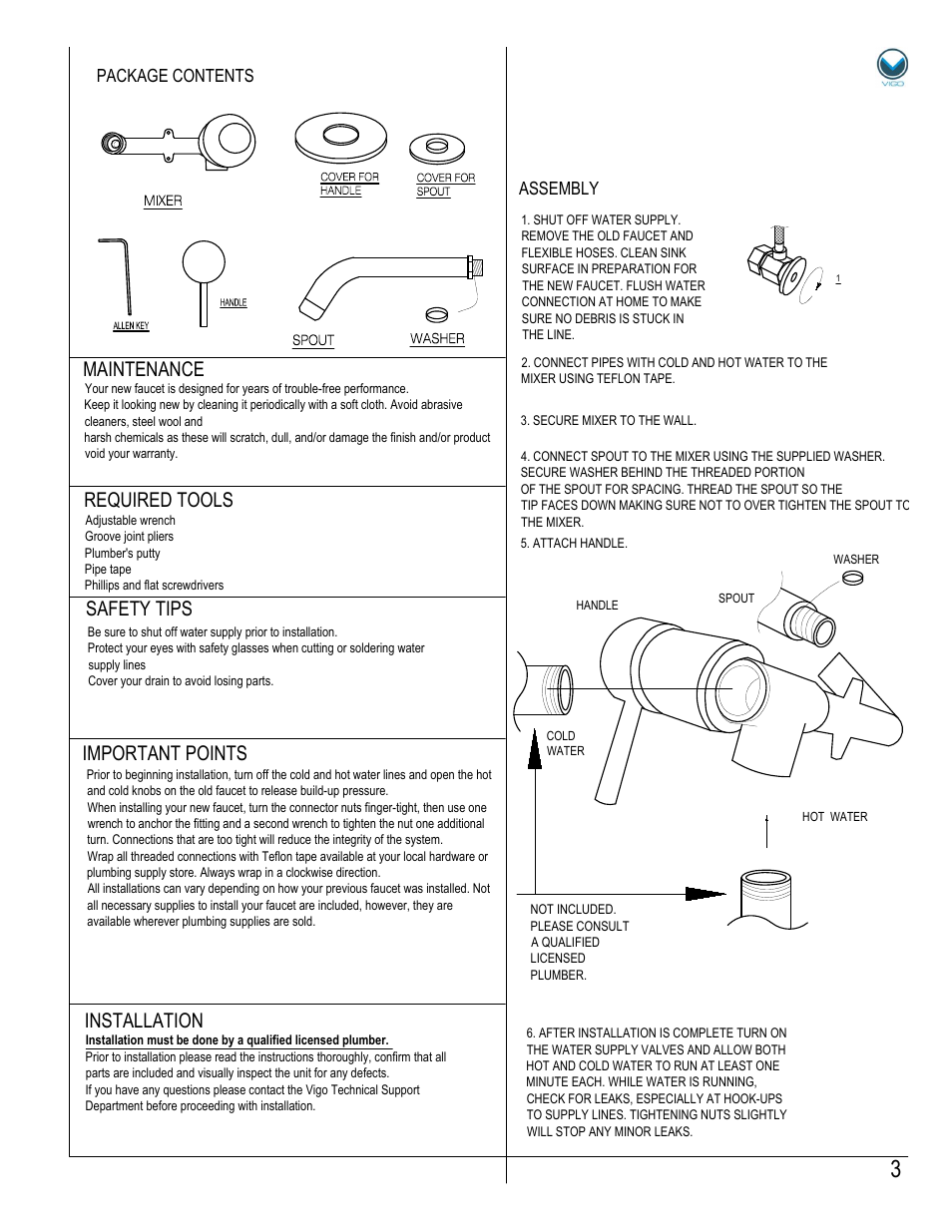 Assembly package contents | Vigo VG05001 User Manual | Page 3 / 5