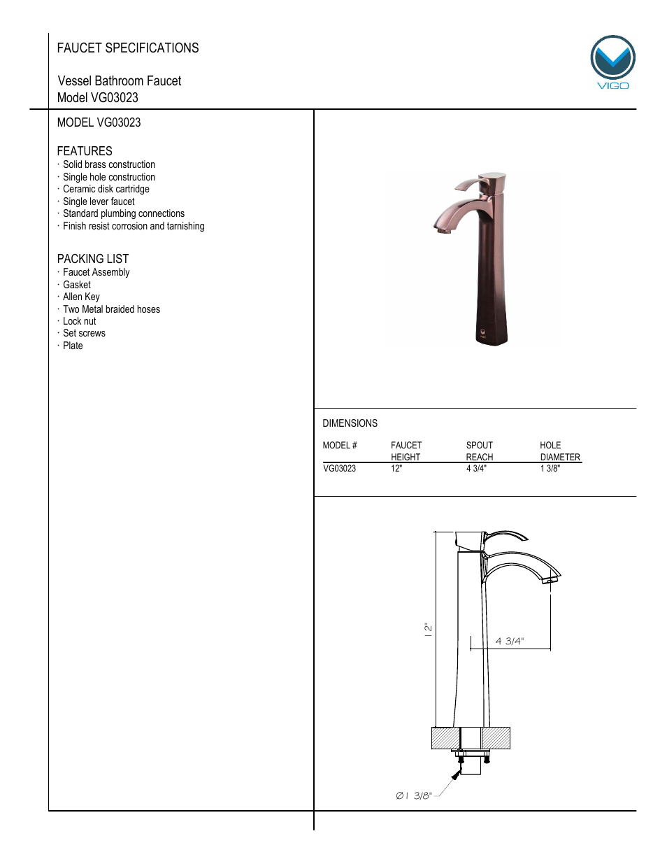Vigo VG03023 User Manual | 5 pages