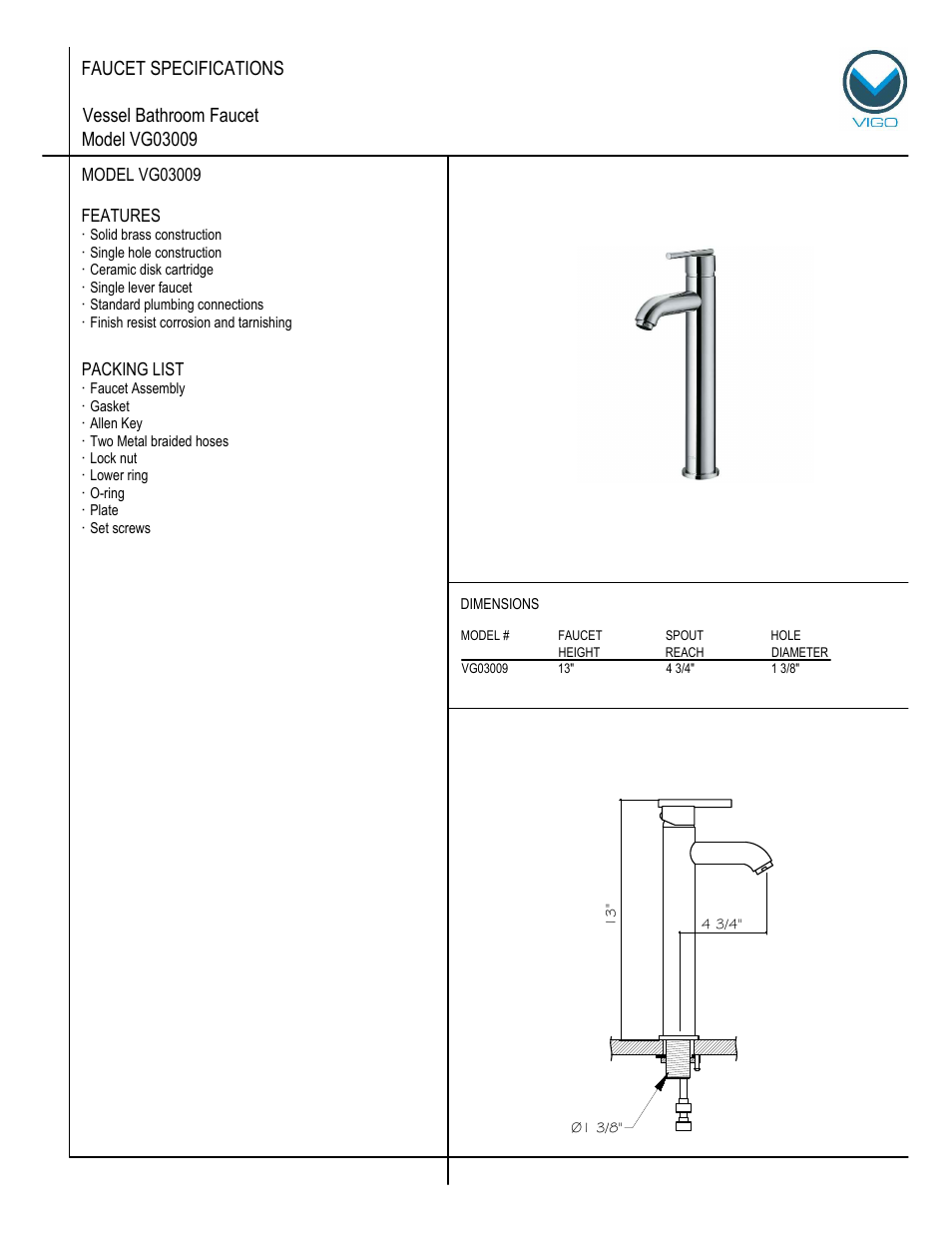 Vigo VG03009 User Manual | 5 pages