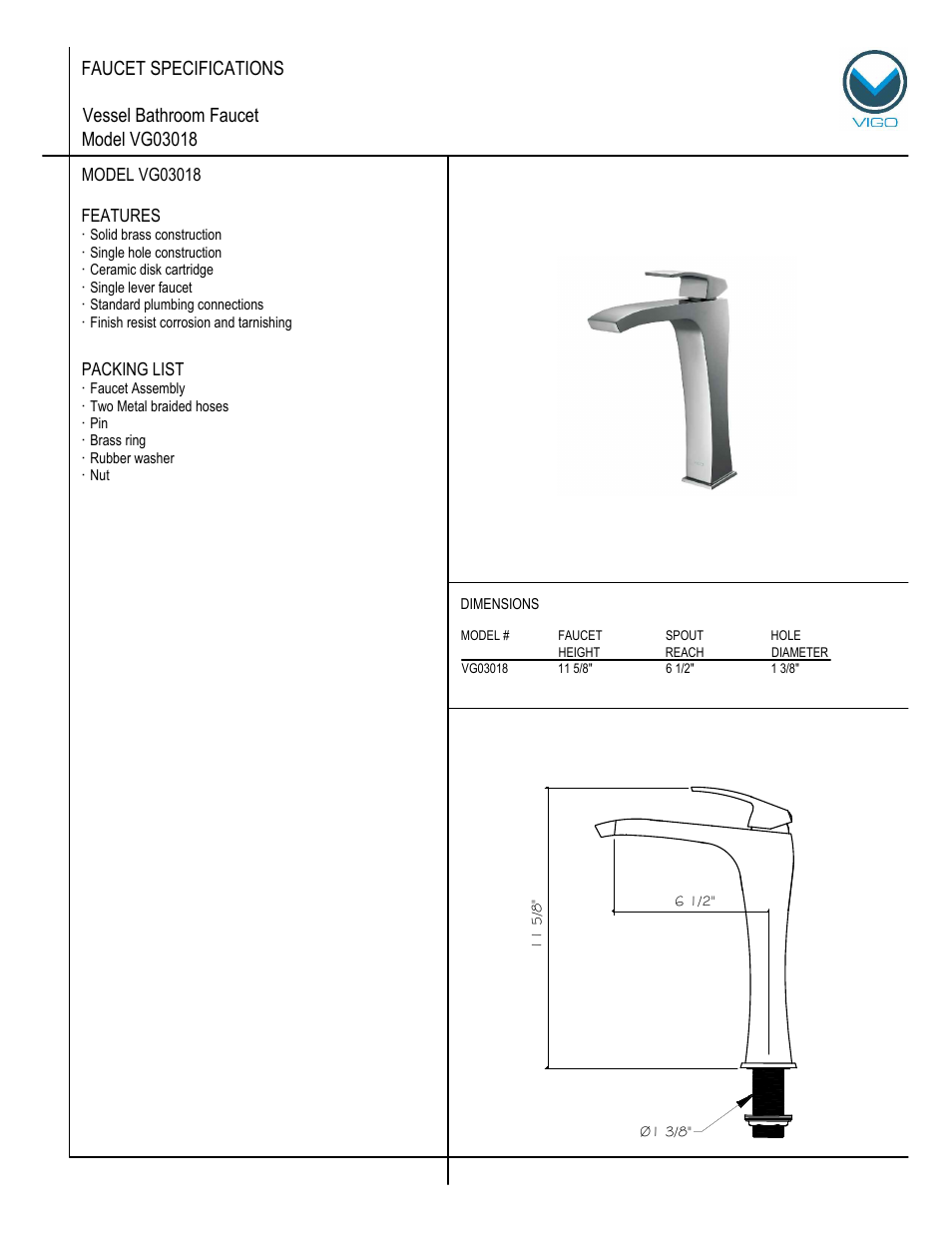 Vigo VG03018 User Manual | 5 pages