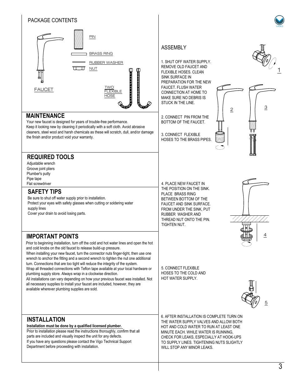 Assembly package contents | Vigo VG03018 User Manual | Page 3 / 5