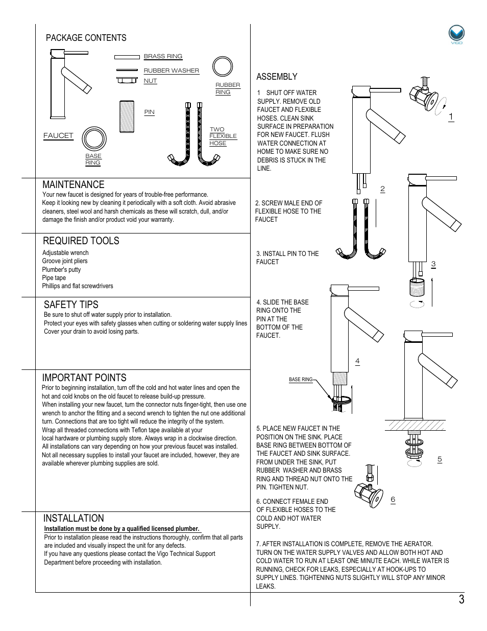 Assembly package contents | Vigo VG01008 User Manual | Page 3 / 5