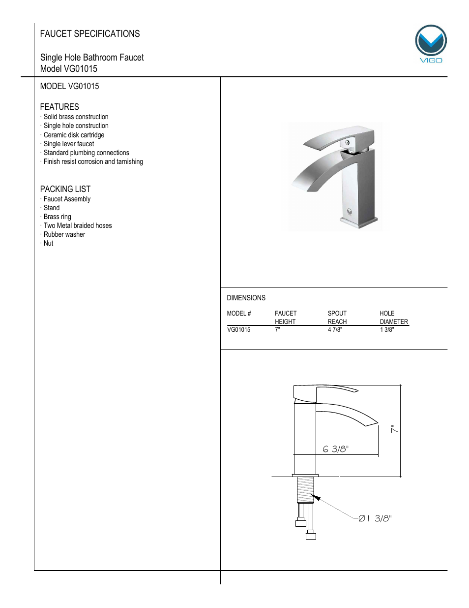 Vigo VG01015 User Manual | 5 pages