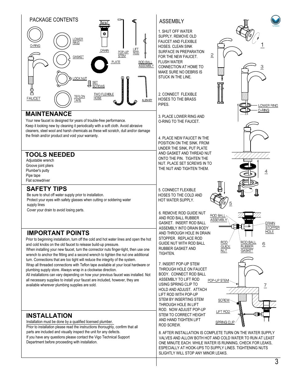 Assembly package contents | Vigo VG01025 User Manual | Page 3 / 5