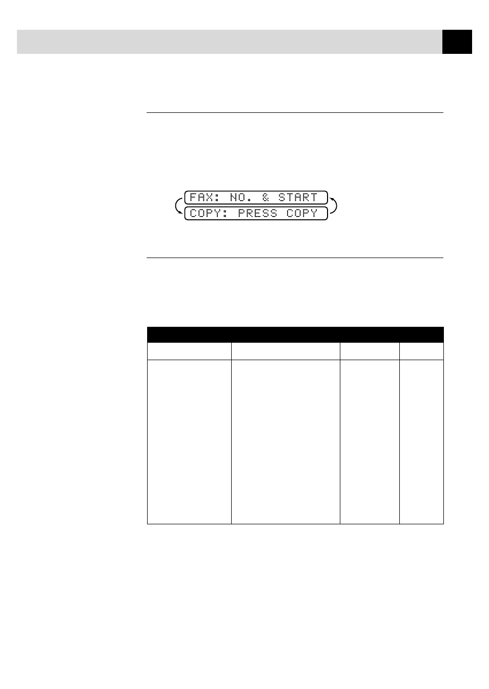 Alternating displays, Function selection table, Fax: no. & start copy: press copy | Brother 770 User Manual | Page 23 / 81