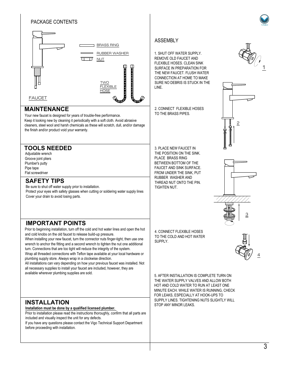 Installation, Assembly package contents | Vigo VG01030 User Manual | Page 3 / 5