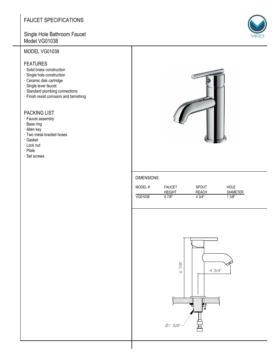 Vigo VG01038 User Manual | 5 pages