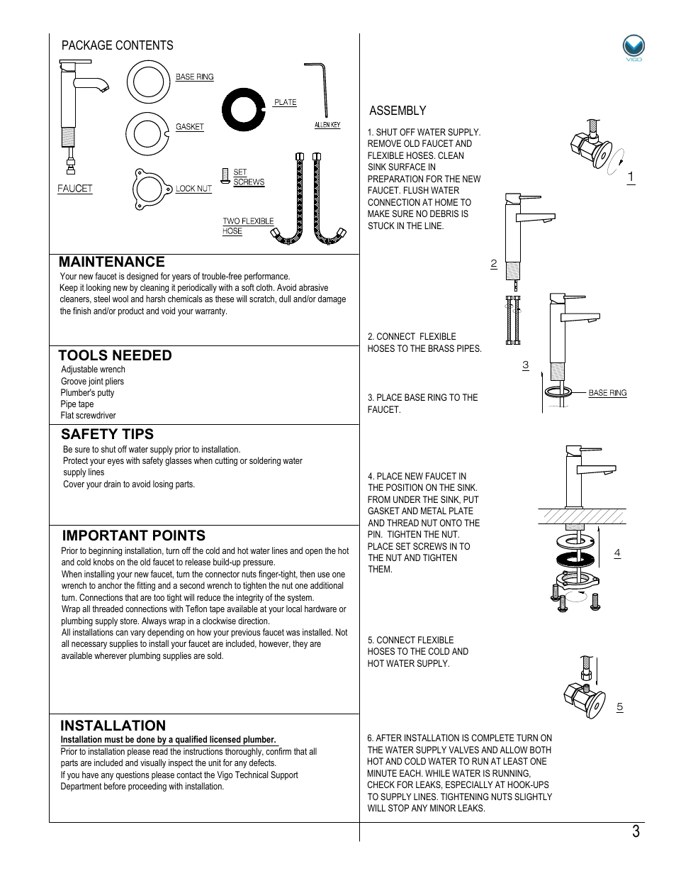 Assembly package contents | Vigo VG01038 User Manual | Page 3 / 5