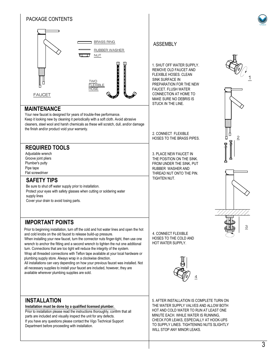 Assembly package contents | Vigo VG03003 User Manual | Page 3 / 5