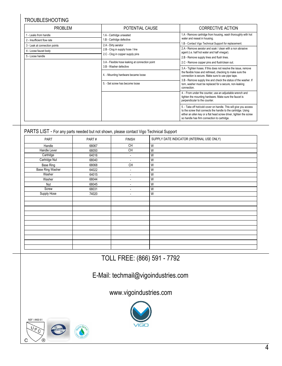 Parts list, Troubleshooting | Vigo VG03003 User Manual | Page 4 / 5