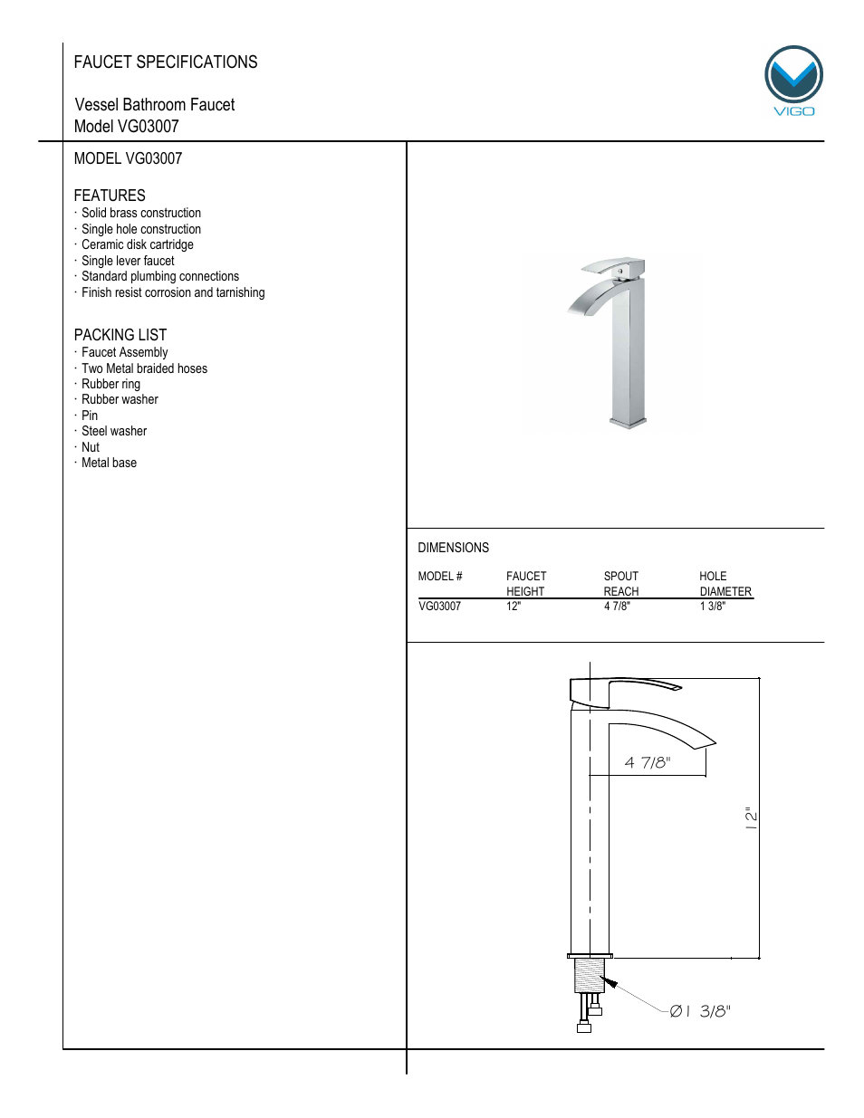 Vigo VG03007 User Manual | 5 pages