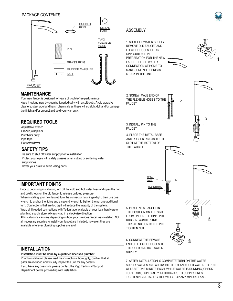 Assembly package contents | Vigo VG03007 User Manual | Page 3 / 5