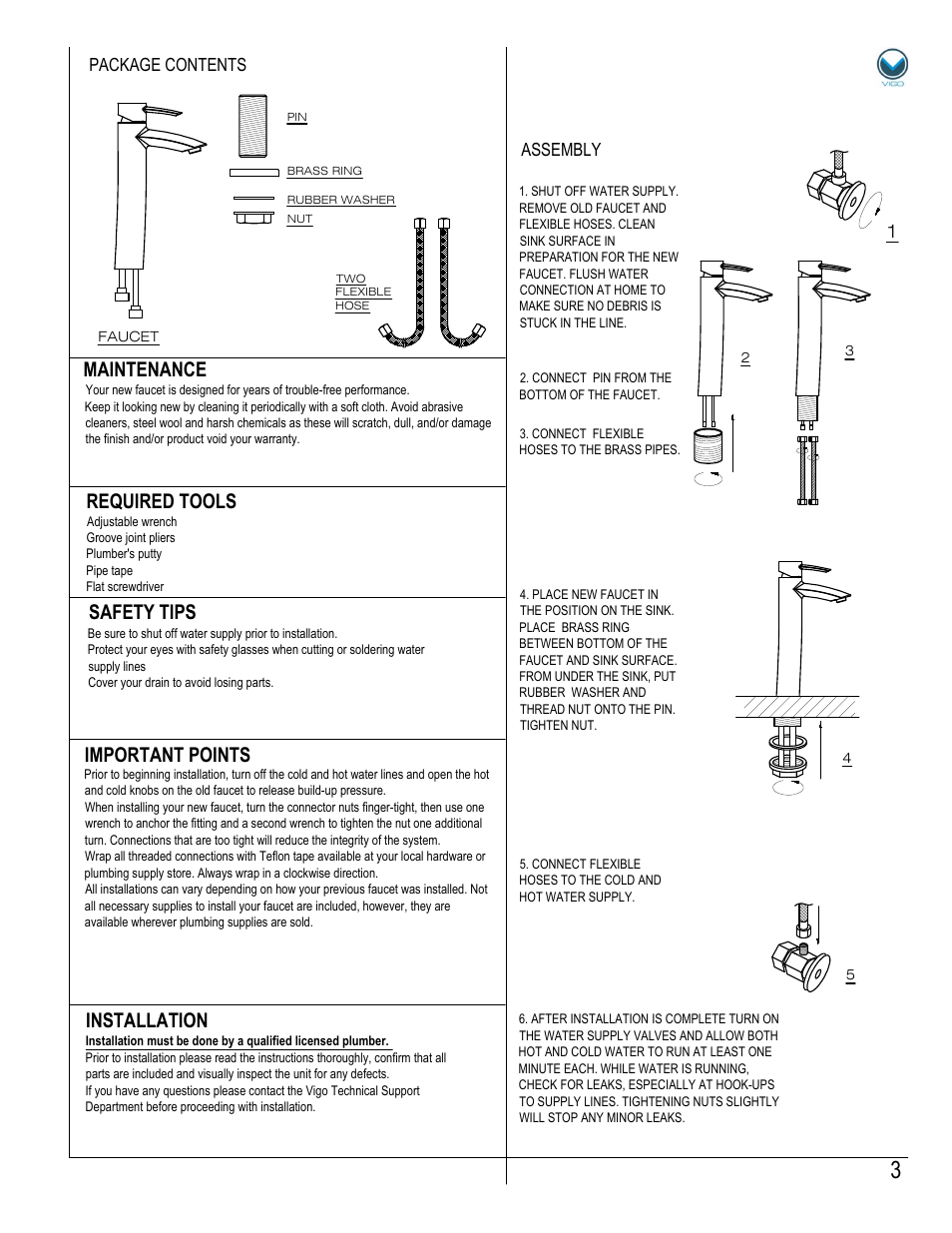 Assembly package contents | Vigo VG03008 User Manual | Page 3 / 5