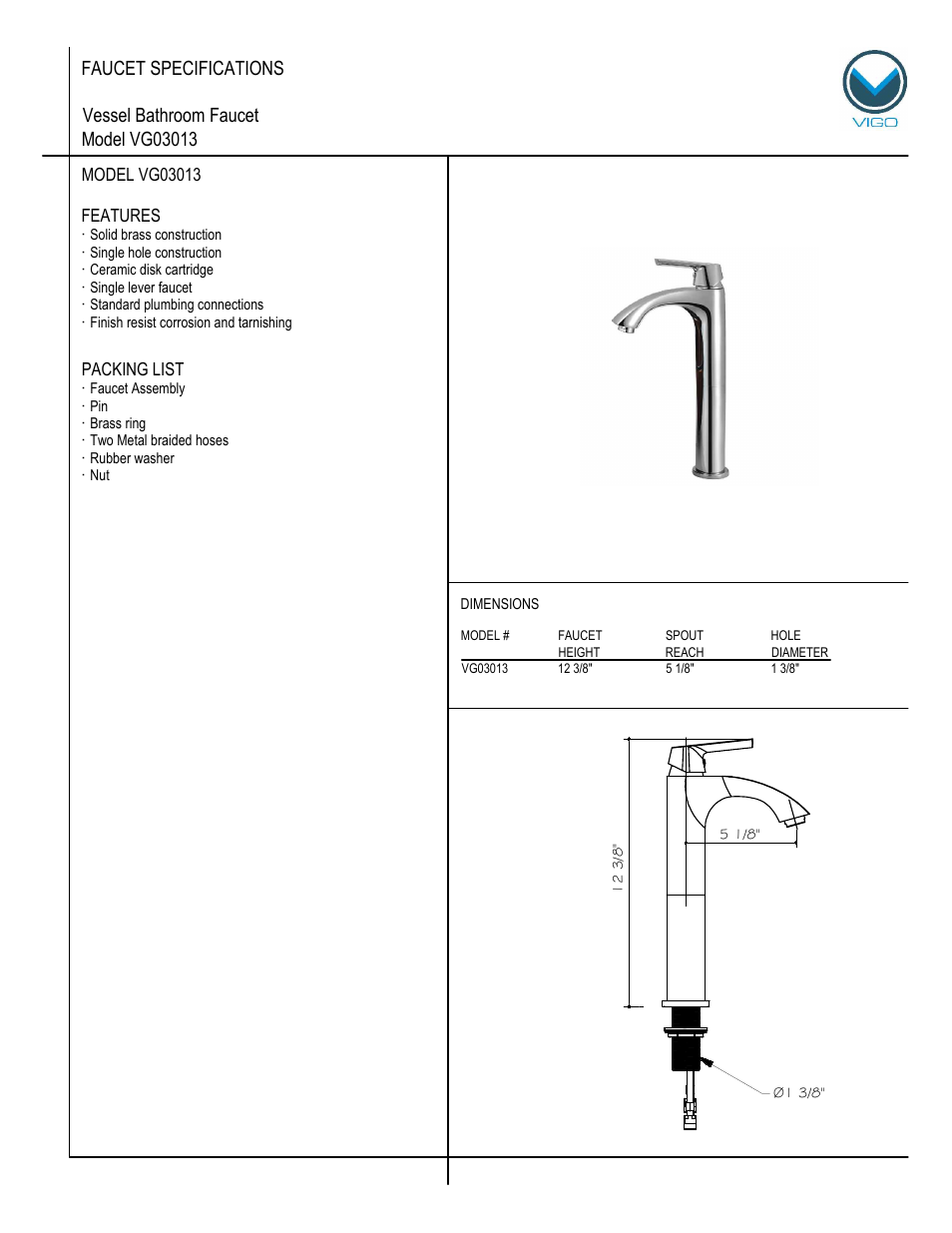 Vigo VG03013 User Manual | 5 pages