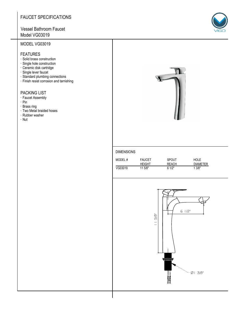 Vigo VG03019 User Manual | 5 pages