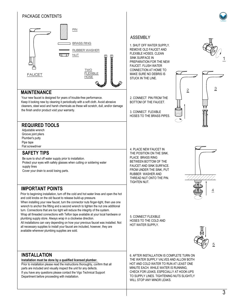 Assembly package contents | Vigo VG03019 User Manual | Page 3 / 5