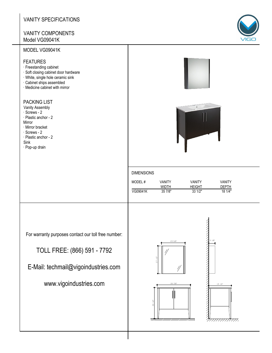 Vigo VG09041K User Manual | 7 pages