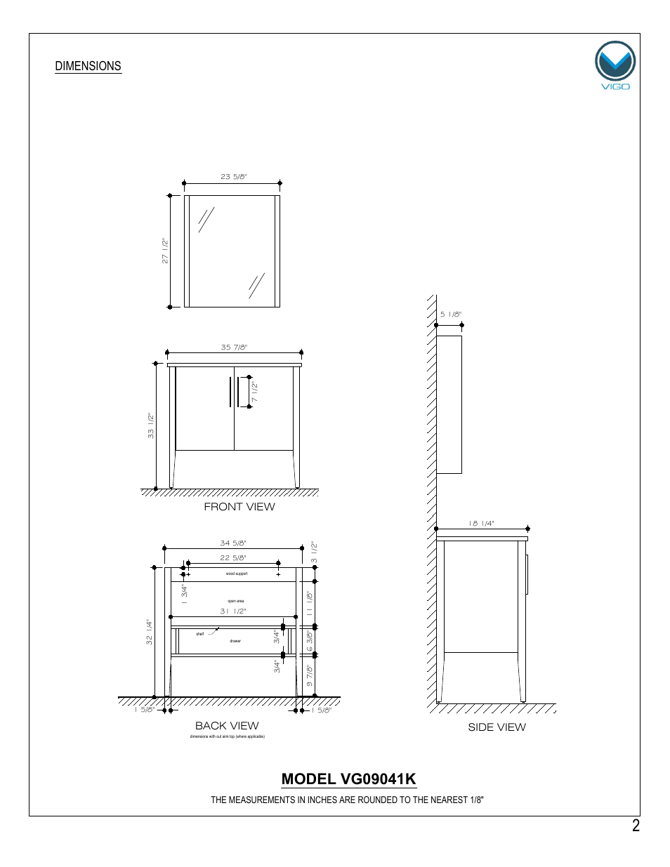 Dimensions | Vigo VG09041K User Manual | Page 2 / 7