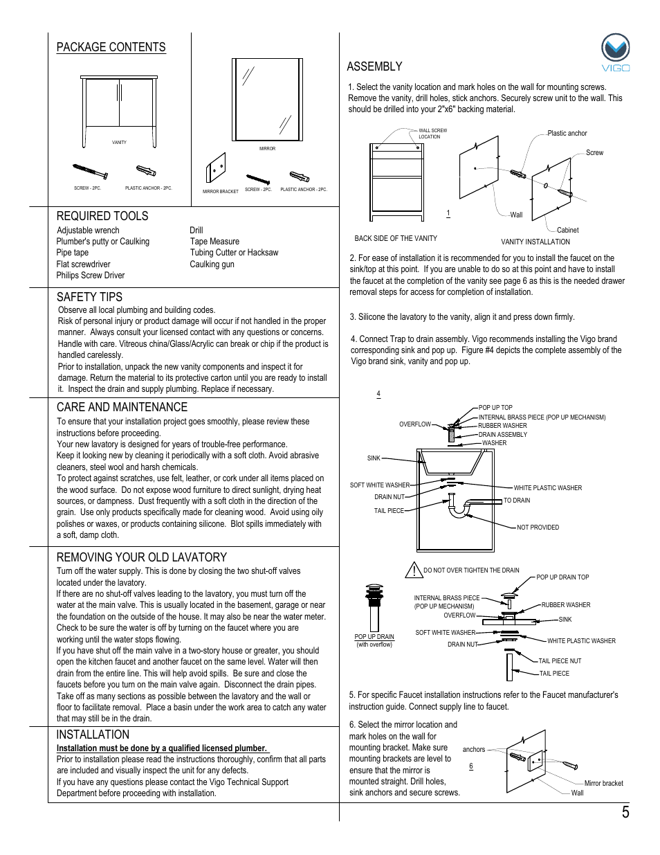 Assembly package contents, Removing your old lavatory | Vigo VG09041K User Manual | Page 5 / 7