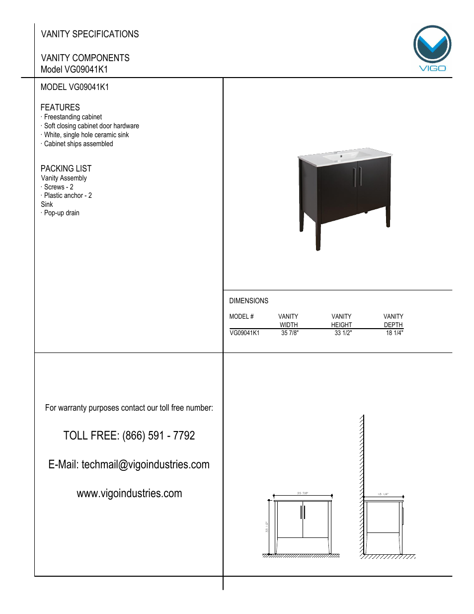 Vigo VG09041K1 User Manual | 7 pages