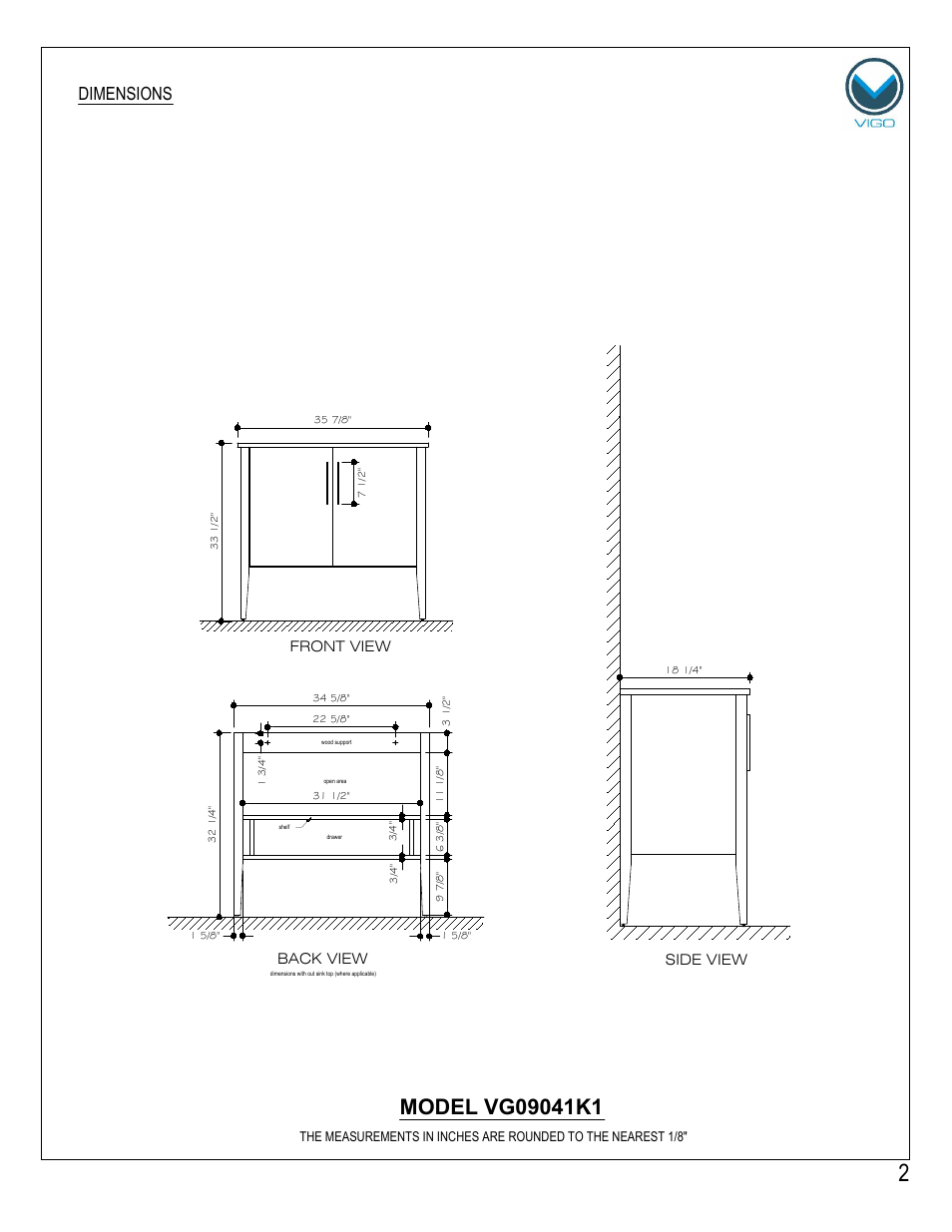 Dimensions | Vigo VG09041K1 User Manual | Page 2 / 7