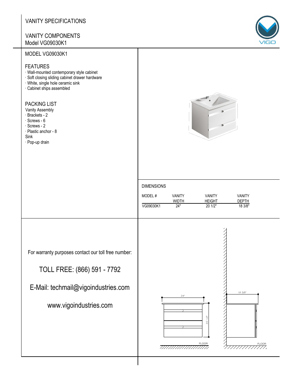 Vigo VG09030K1 User Manual | 7 pages