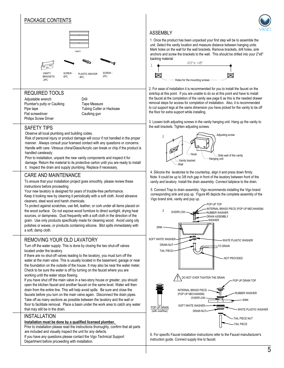 Package contents, Removing your old lavatory, Assembly | Vigo VG09030K1 User Manual | Page 5 / 7