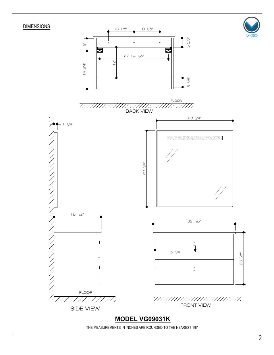 Side view, Dimensions | Vigo VG09031K User Manual | Page 2 / 7