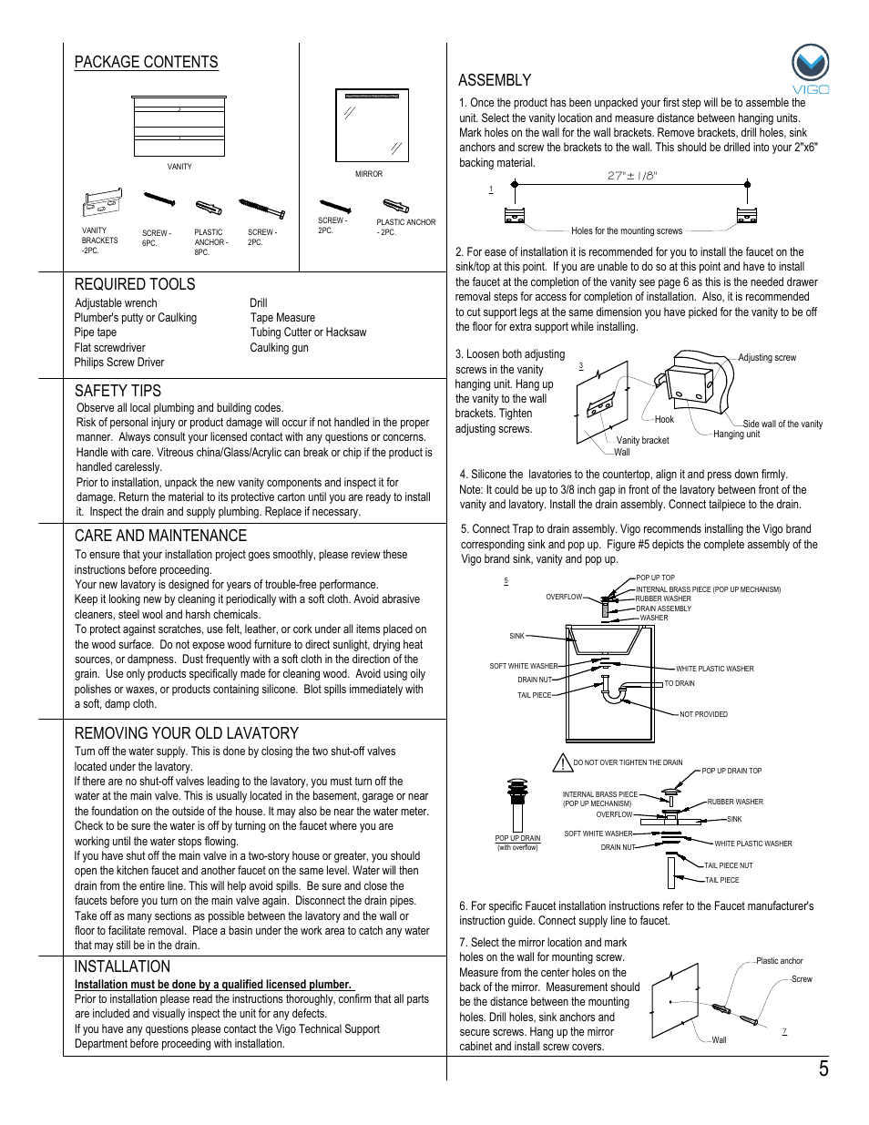 Assembly package contents, Removing your old lavatory | Vigo VG09031K User Manual | Page 5 / 7