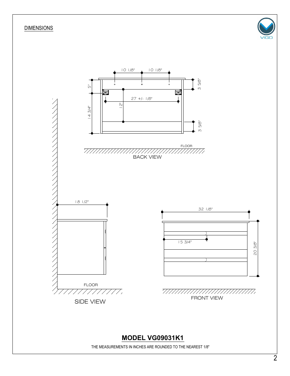 Side view, Dimensions | Vigo VG09031K1 User Manual | Page 2 / 7